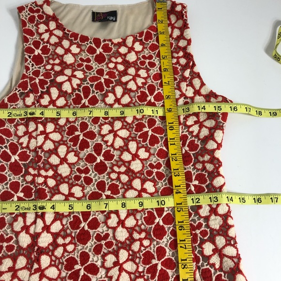 Yumi Embroidered Lace Overlay Red Cream Dress 4 - Picture 7 of 8